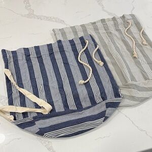 Set of 2 Striped Cotton Canvas Large Laundry Bags - Navy Blue, Grey, White